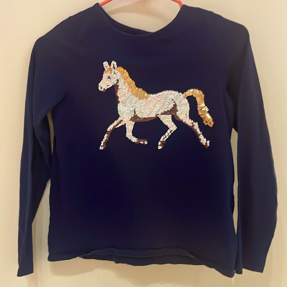 Lands End Girls Navy Blue Flip Sequin Horse Long Sleeve Shirt Size M 10-12‎